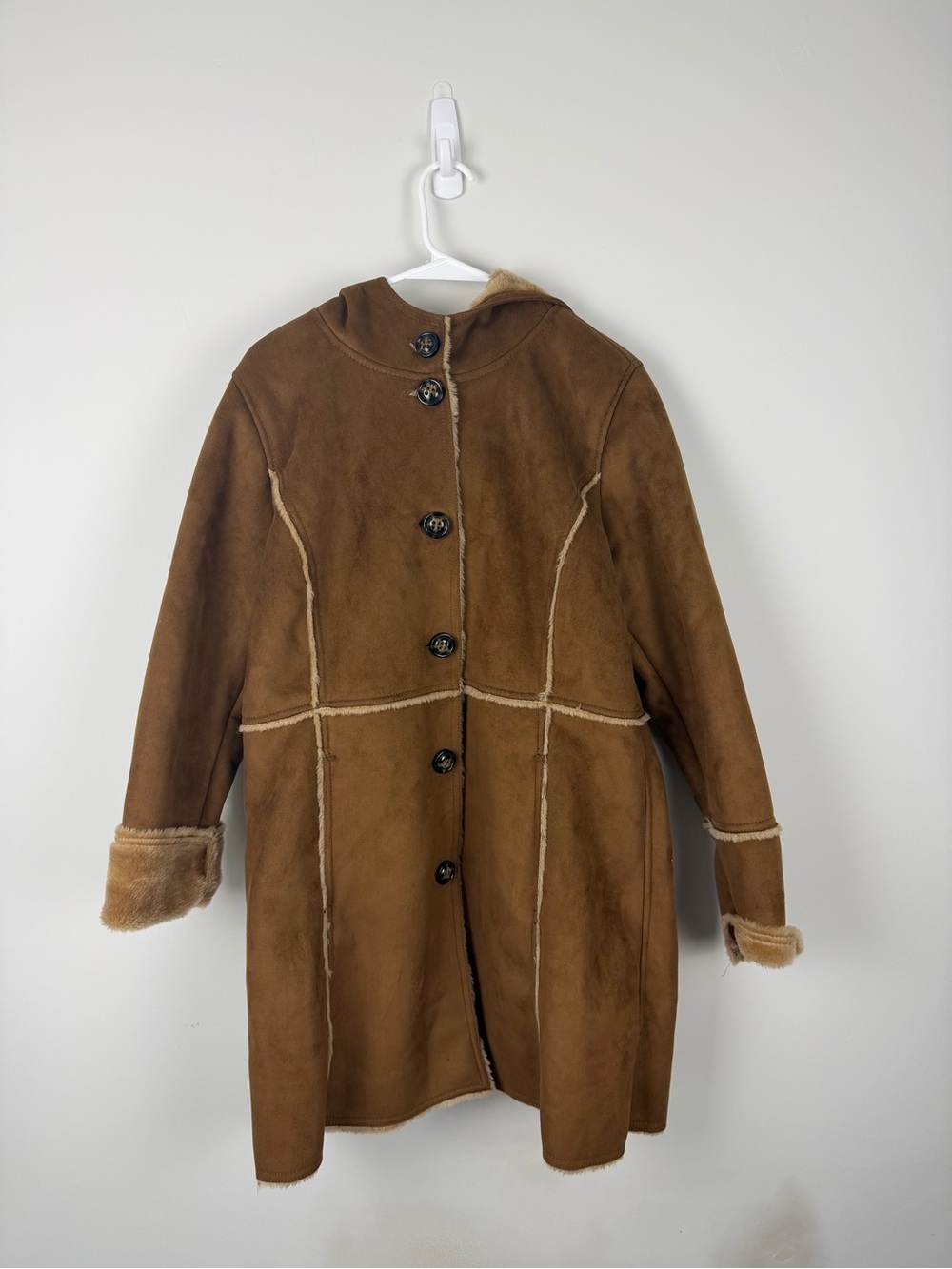 Esprit Chestnut Brown Faux Shearling Trench Coat with Hood